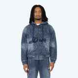 Smoke Rise - Denim Embossed Fleece Zip Up | Finn Blue