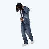 Smoke Rise - Denim Embossed Fleece Zip Up | Finn Blue