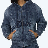 Smoke Rise - Denim Embossed Fleece Zip Up | Finn Blue