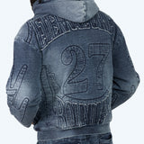 Smoke Rise - Denim Embossed Fleece Zip Up | Finn Blue